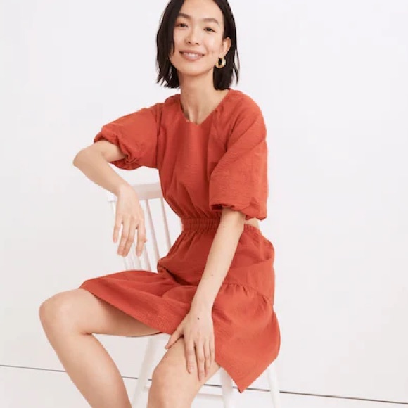 Madewell Seersucker Puff-Sleeve Cutout Mini Dress Size XXL - Picture 2 of 6